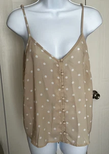 🎀 JAPNA WOMEN'S CAMISOLE M NEUTRAL BEIGE w/WHITE POLKA DOTS V-NECK BUTTON FRONT - Picture 1 of 8