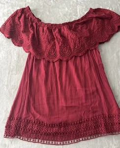 Knox Rose Top Womens XL Red Off Shoulder Boho Crochet Lace Trim Summer Top - Picture 1 of 13