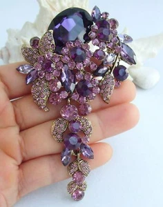 4.13" Teardrop Flower Brooch Pin Purple Rhinestone Crystal Pendant 06524C3 - Picture 1 of 5