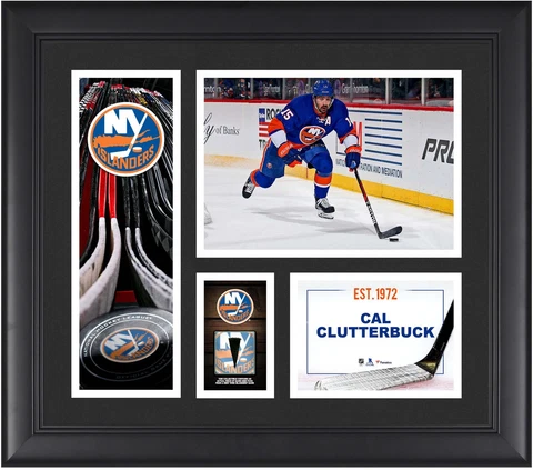 Cal Clutterbuck NY Islanders Framed 15x17 Collage w/a Piece of GU Puck Cover