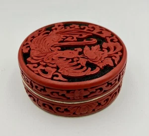 Antique Chinese Cinnabar Round Box Carved Flowers Blue Enamel & Brass 7cm Dia - Picture 1 of 15