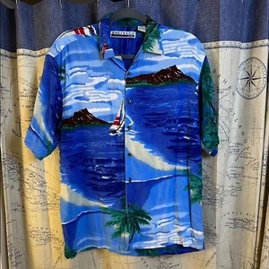 Presence blaues lässiges Button Down Hemd mit tropischen Mustern Hawaii mit Defekt - Bild 1 von 6
