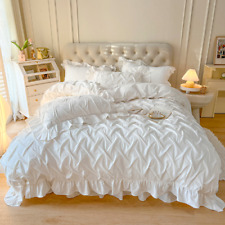 White Soft Washed Cotton Flower Princess 4Pcs Bedding Set Ruffles Bed Skirt