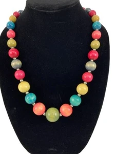 Graduated Size Round Multicolored Wood Bead Necklace With Sliver Tone Beads - Picture 1 of 6