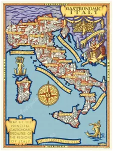 Gastronomic Italy Illustrated Art Deco Kitchen Map by Umberto Zimelli circa 1931 - Picture 1 of 12