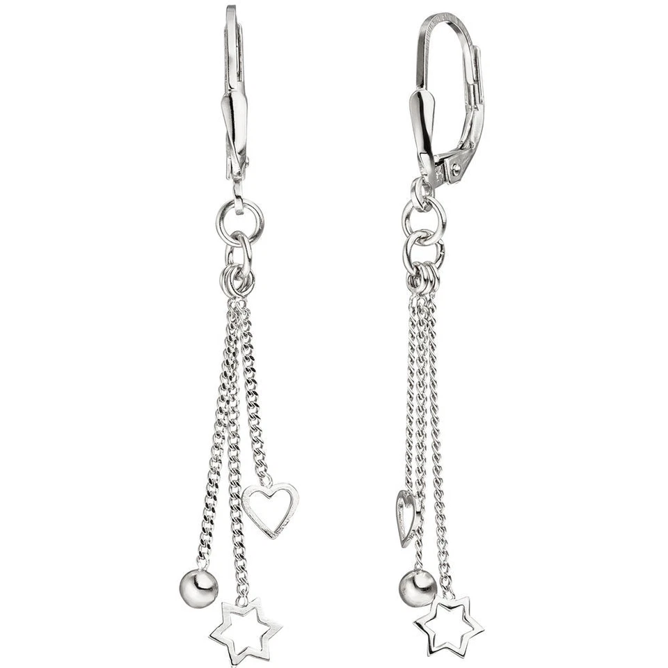 Orecchini Pendenti Orecchini Di 925 Argento Cuore Stella Sfera Su 3 Catenina - Immagine 1 di 1