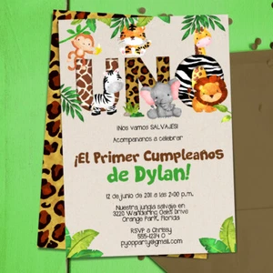 Jungle 1st Birthday Invitations en Español - Uno - Printable or Printed - Picture 1 of 3