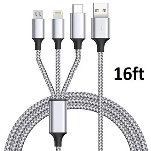 Multi Charging Cable 16FT 3 in 1 Charging Cable Nylon Braided Universal Multiple - Picture 1 of 8