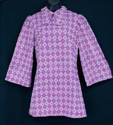 Vintage 1970s purple wool mini dress, puffed long bell sleeve white plaid M - Image 1 of 4
