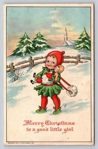 Antique Christmas Postcard Mary La Fetra Russell Hollikids Elf Girl w/ Doll Muff - Picture 1 of 2