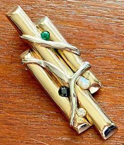 Brutalist 14k Yellow Gold Slide Necklace Pendant Diamond Emerald Sapphire Pearl - Picture 1 of 10