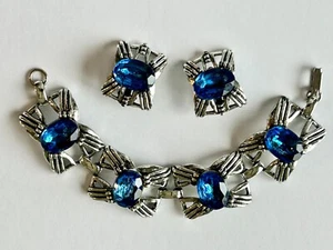 Juego de Pendientes Pulsera Vintage Ancho Grueso Coro Vidrio Azul Tono Plata - Imagen 1 de 16