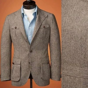 Hombres Marrón Lana Espiga Tweed Cuadros Retro Blazer Fiesta Baile de graduación Novio Esmoquin Traje - Imagen 1 de 9