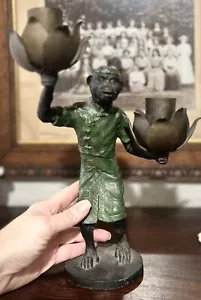 CANDELABRO MONO ASIÁTICO PINTADO A MANO HIERRO FUNDIDO SÓLIDO DE COLECCIÓN 12" - Imagen 1 de 12