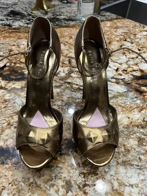 PARIS HILTON SZ 9M HEELS GOLD LEATHER CORK PEEP TOE PLATFORM STILETTOS LOUISE P - Image 1 of 4