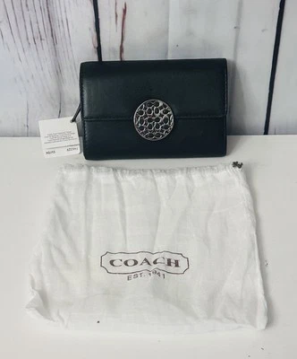 COACH ALEXANDRA Black LEATHER SLIM ENVELOPE Wallet Round Ornate Silver Snap - Image 1 of 4