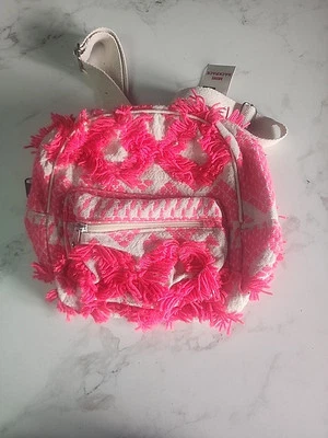 Mini Backpack Small Travel Bag with Front Pocket Tan Canvis Pink Yarn Retro Look - Image 1 of 2