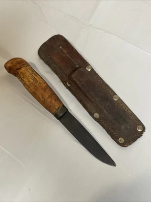 Signed Kauhava Puukkotehdas Finland Puukko Knife w/ Sheath KPP Blade Wood Handle - Image 1 of 4