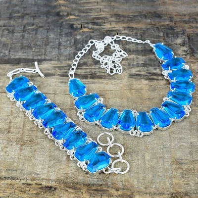 Topazio Blu Gemma 925 Argento Sterling Fatto a Mano Collana Bracciale Set Regalo - Immagine 1 di 4