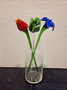 Set of 3 Hand Blown Art Glass Flowers Amberina Tulip Blue Lily Green Rose Long - Picture 1 of 10