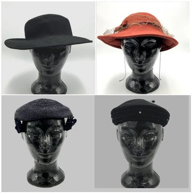 Lote de 4 Sombreros De Colección Mujer Años 40 50 100% Lana Fedora Cloche Boina Ratán Panqueque Foto 1 de 4