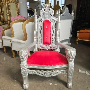 Kid's Mini Lion  Throne Chair 37" Tall Luxury Style Throne - Red Velvet / Silver - Picture 1 of 4