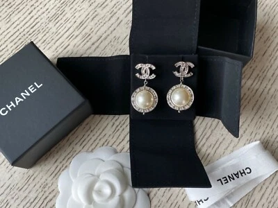 NIB 100%AUTH Chanel 18B Crystal CC White Faux Pearl Dangling Earrings Silver HDW - Image 1 of 4