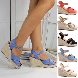 Womens Espadrille Flatform Sandals Platform Summer Shoes Ankle Strap Wedge 3-8 - Picture 1 of 30