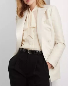 LAUREN RALPH LAUREN Women’s Double-Breasted Satin-Trim Blazer In Cream Sz 6 NWT - Picture 1 of 12