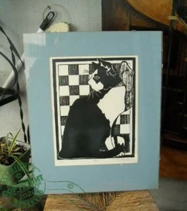 Majestic TUXEDO CAT in Window 1985 C Peterson WOODBLOCK Print * LE/10 Handmade - Picture 1 of 12