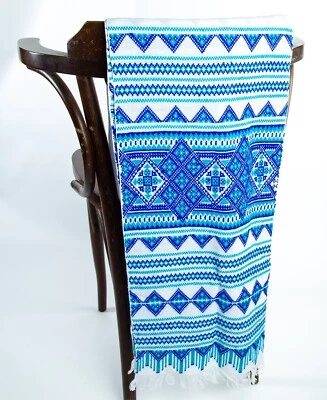 Boda Ucraniana Rushnyk Rushnick Hecho a Mano Punto de Cruz Azul Blanco 200x33 cm Foto 1 de 4