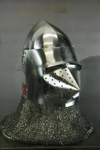 Casco da bacinetto medievale viso maiale personalizzato SCA HNB 18 calibro in acciaio con Aventail PG58 - Foto 1 di 5