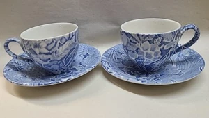 Juego de 2 tazas y salsas Burleigh Staffordshire Inglaterra azul blanco talla media Scilla - Imagen 1 de 8