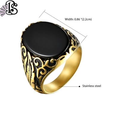 Anillo de sello de ónix negro pluma floral retro para hombre banda de acero inoxidable talla 9-11 Foto 1 de 4