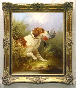 Antiguo arte maestro hecho a mano pintura al óleo antigua perro de caza sobre lienzo 24"x30" - Imagen 1 de 2