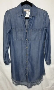 *NWT* Philosophy Chambray Tencel Hi-Lo Long Sleeve Dress Raw Edge Trim Sz XS - Picture 1 of 10
