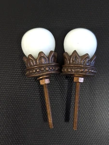 Set 2 Anthropologie White Glass Brass Copper Tone Crown Cabinet Knob Drawer Pull - Picture 1 of 7