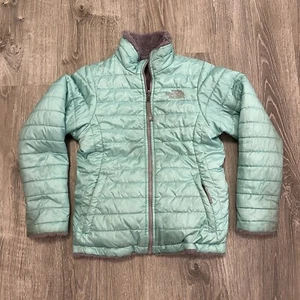 North Face Reversable Mossbud Swirl Puffer Fuzzy Jacket Teal Gray Girl's Medium - Picture 1 of 9