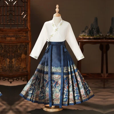 Retro Niños Niñas Falda Prendas para el torso Hanfu Medio Vestido Plisado Cara de Caballo Falda Atar Foto 1 de 4