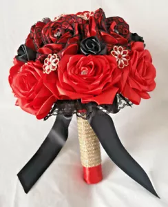 Handmade Red/Black satin ribbon bridal bouquet + diamante & bead embellishment - Picture 1 of 5