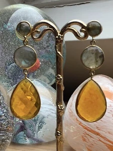 Ashiana London Labradorite & Smokey Quartz Gold Plated Stud Drop Earrings - Picture 1 of 5