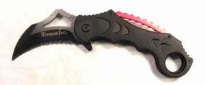 Black Red Tactical Spring Assist Karambit - Partial Serrated Blade  - Picture 1 of 6