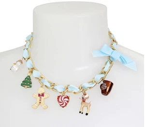 Authentic Betsey Johnson Necklace - Blue Ribbon Christmas Charms, NWT - Picture 1 of 18