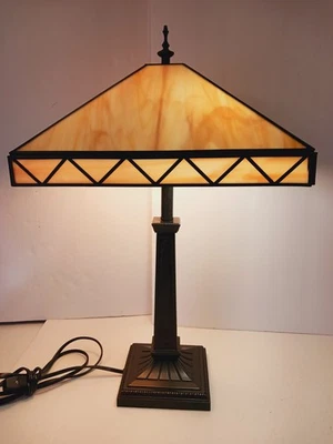 Tiffany Mission Style Lamp In Yellow And  Brown 24" H X 13" W Heavy 12 LBS - Image 1 of 4