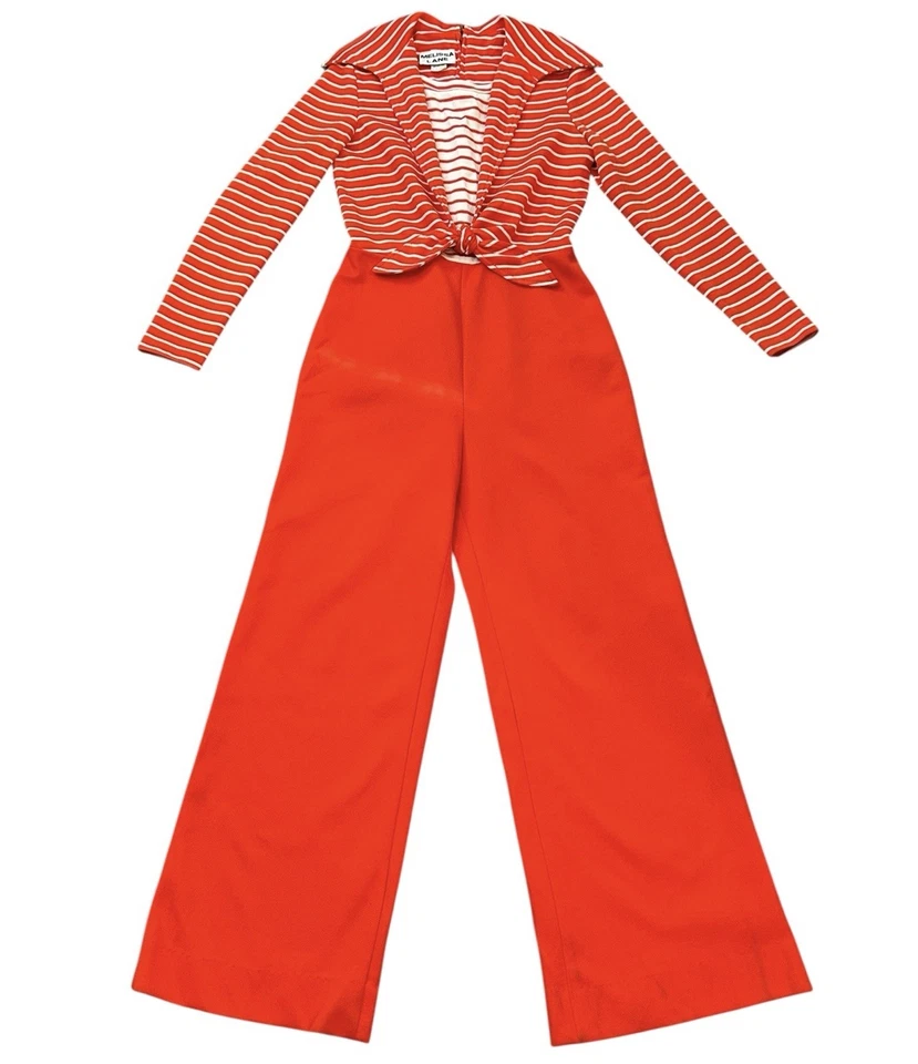 1970s Red Striped Jumpsuit Melissa Lane Women’s 12 Vintage 36 Inch Bust - Image 1 of 4