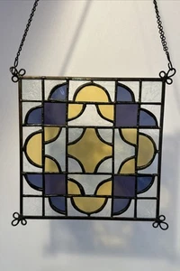 Stained Glass Suncatcher Blue Yellow Acid Etched Clear Glass Geometric 19 - Picture 1 of 6