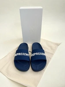 Represent Men's Slide Sandles Sliders Pool Cobalt Blue Logo Flip Flop Designer - Picture 1 of 5