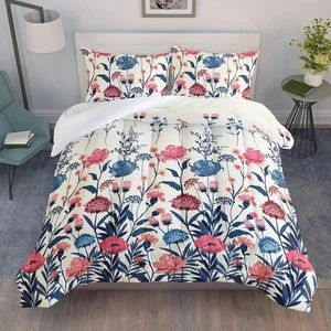 Retro Flowers Comforter Set Queen Size, Watercolor Pink Blue Flowers Pattern ... - Bild 1 von 8