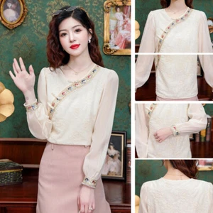 Lady Lace Chiffon Shirt Embroidery Top Pullover Blouse Chinese Style Frog Button - Picture 1 of 12