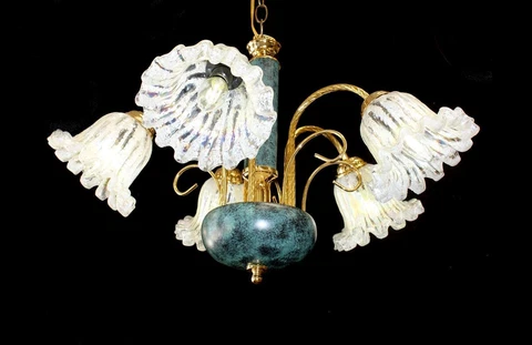 Vintage Italy,  25" x 17"  Chandelier, Murano Rainbow Glass Shades, Wood Frame Cover